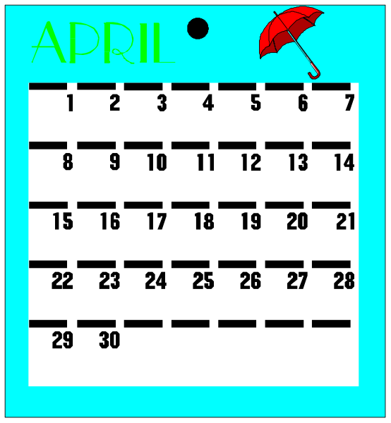 The picture shows a calendar with April written at top left corner, an umbrella on it, dates filled out from 1 to 30 in black ink, days of week abbreviations along bottom and right side, and "April" is highlighted by being larger than the other months. It's set against blue background. The calendar has a clip-art style with simple lines for drawing umbrellas or raindrops on it.