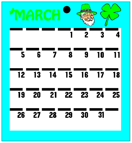The image shows a calendar with dates from March to April 2019 displayed on it against an Irish flag background; there is also a cartoon depiction of St Patrick's Day at the top right corner, featuring shamrocks and text that reads "March," indicating this month. Additionally, in the bottom left corner, there are two small images: one shows a green four-leaf clover with white outlines on it; another image features an animated character resembling St Patrick's Day mascot wearing a hat and holding shamrocks while standing