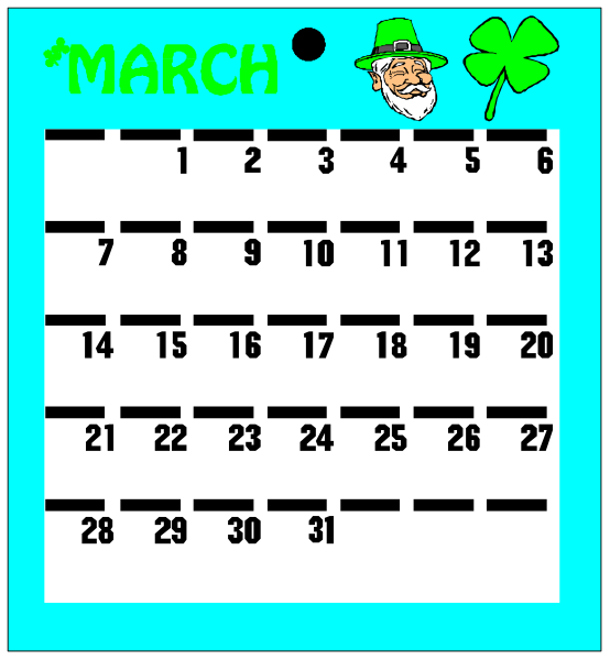 The image shows a calendar with dates from March to April 2019 displayed on it against a blue background. Atop of this calendar is an illustration featuring St Patrick's Day elements such as shamrocks and four-leaf clovers, along with text that reads "March" at the top left corner in green font. The month name for April appears to be obscured by another image or object placed over it; however, we can see a portion of this hidden date indicating 'April' is visible on one side and part of an illustration resembling