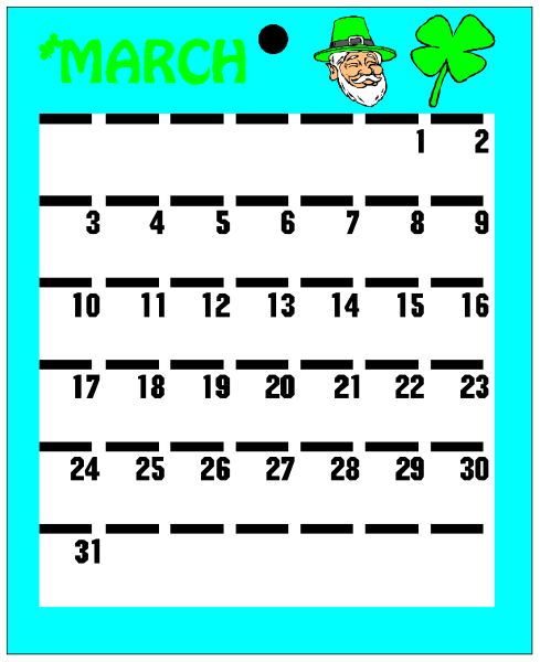The image shows a calendar with dates from March to April 2019 displayed on it. There is also an illustration of St Patrick's Day at the top right corner featuring four-leaf clovers and text that reads "March." At the bottom left, there are two shamrocks crossed over each other in a green color with white outlines. The calendar has days numbered from 1 to 30 for March and April, indicating it is set up as an Easter or spring-themed wall calendar. There's also text at the top of the