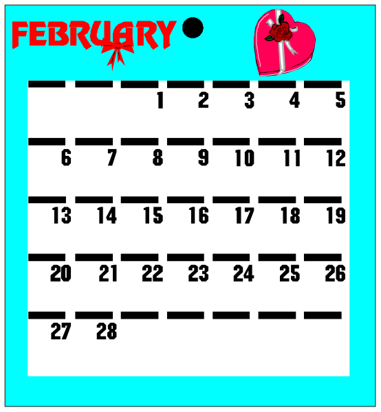 The image shows a calendar with dates from February to March 2019 displayed on it. There is also an illustration of a heart at the top left corner above the month "February." Additionally, there's text that reads "FEBRUARY" and "MARCH," indicating which months are shown in this clip-art image. The calendar has days from Monday to Sunday listed for each week with corresponding dates beneath them.