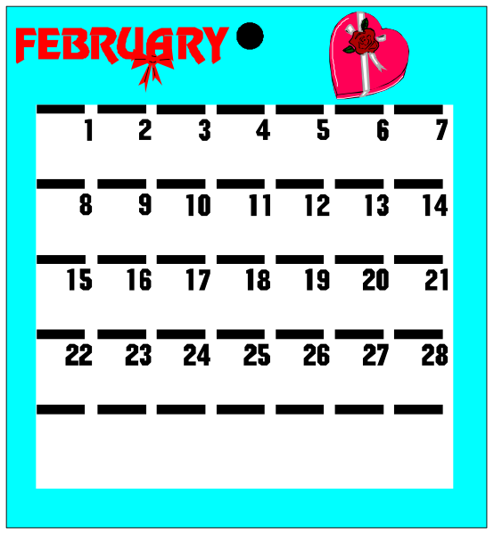 The calendar shows February with a red heart on it; there's no date for Valentine's Day marked as "February 14th." It has been altered to say "FEBRUARY" instead of January, and all dates have been crossed out except for the ones that are not in line. The calendar is set against a blue background with white borders around it. There appears to be an image or sticker on top left corner but I cannot describe its content due to resolution limitations.