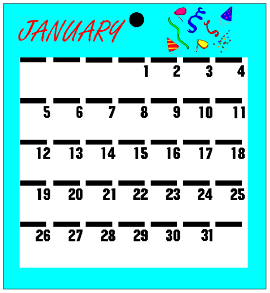 The calendar shows a month of January with dates filled out from 1 to 30th; it is displayed on an electronic device that resembles a calculator-like gadget in blue coloring, and there's text at top left corner reading "JANUARY" along with some decorative elements like party hats. The background of the calendar has been altered or edited to look like paper texture.