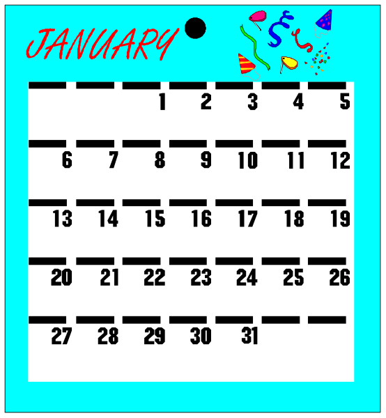 The calendar displays a month of January with dates filled out from 1 to 30th; it is placed on top of what appears to be an image of a keyboard labeled "January" at its center, and there's text around that says '29 days'. There are also some small decorations like stars above the calendar. The background color for both elements seems blue-greenish in tone with white borders framing them neatly within each other.