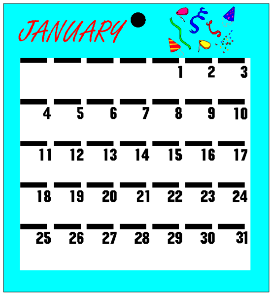 The image shows a calendar with dates from January to December 2019 displayed on it against a blue background. There is also some text at top that reads "JANUARY" in red letters, and below this month's name there appears to be an illustration of party hats or confetti suggesting celebration for the new year. The calendar has days marked with numbers from 1 through 30 (for January) on a horizontal line across each day, indicating which dates are present within that particular week. There is also some text at bottom right corner in red letters reading