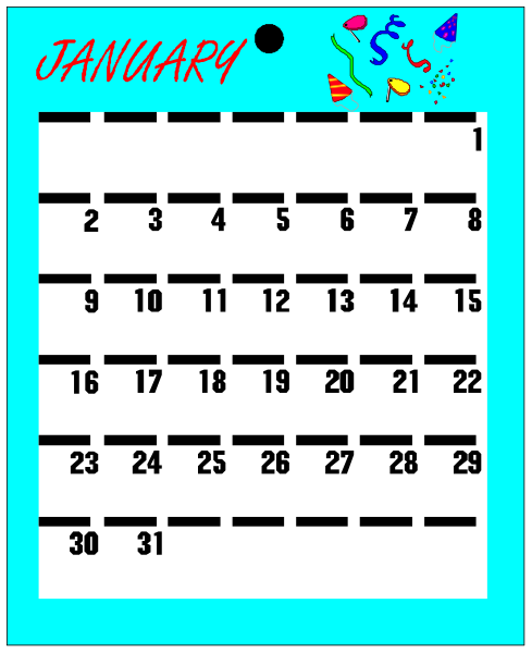 The image shows a calendar with dates from January to February 2019 displayed on it along with some clip-art elements such as party hats at top right corner indicating celebration of New Year's Eve, and text "January" in red font above first date visible which is the second day. There are also decorative items like a blue starburst shape near bottom left corner and what appears to be confetti or snowflakes on upper part of calendar.