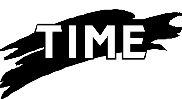 The image shows a black banner with white text that reads "TIME" at its center against an indistinct background.