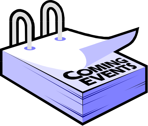 The image shows a white paperclip holding together two pieces of paper with text on them against a black background; there is also an icon depicting three clipboards in front of which hangs another piece of paper labeled "COMING EVENTS."