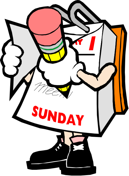 The cartoon depicts a character holding an open cardboard box with "Sunday" written on it while standing in front of a sign that says "MEETING."
