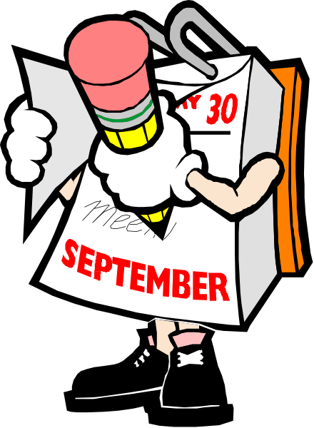 The cartoon depicts a character holding an open cardboard box with "September" written on it, revealing another calendar inside that says "30th," along with some writing in red ink; above this is a smaller image of a clip art figure resembling Mickey Mouse wearing sunglasses and pointing to the date.