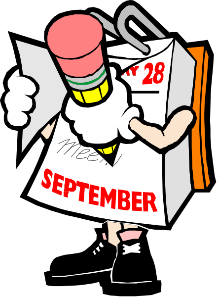 The cartoon depicts a character holding an open calendar with "September" written on it, standing next to another figure that appears to be writing something in chalk while wearing glasses over its eyes.