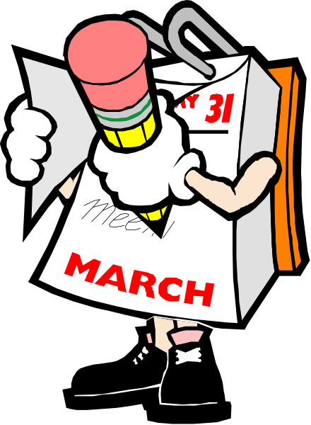 The cartoon depicts a character holding an open cardboard box with "March" written on it, indicating that this is likely from March 2019; there's also a pencil in front of them and what appears to be a calendar or planner peeking out from the top right corner. The background is black but for some reason I can see an image with text "March" on it, which might suggest that this character has been created as part of March Madness celebrations.