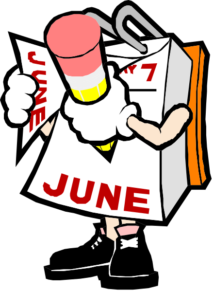 The cartoon depicts a character holding an open cardboard box with "JUNE" written on it while standing next to a calendar that reads "june."