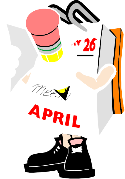 The cartoon shows a character holding an open cardboard box with "April" written on it along with dates; there's also a pencil in front of them that has been signed by someone named Mike, and behind this scene is another figure who appears to be looking at the calendar from afar.