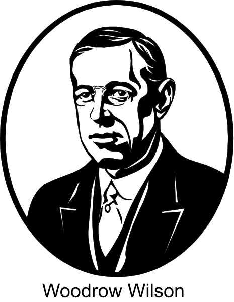The black and white illustration shows a man with glasses wearing formal attire; he is depicted against an oval background that has text on it.