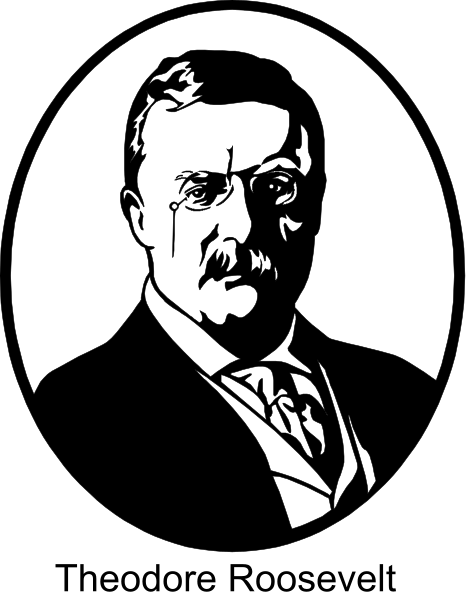 The black and white silhouette of a man with glasses wearing formal attire is depicted against an oval background that resembles a portrait frame.