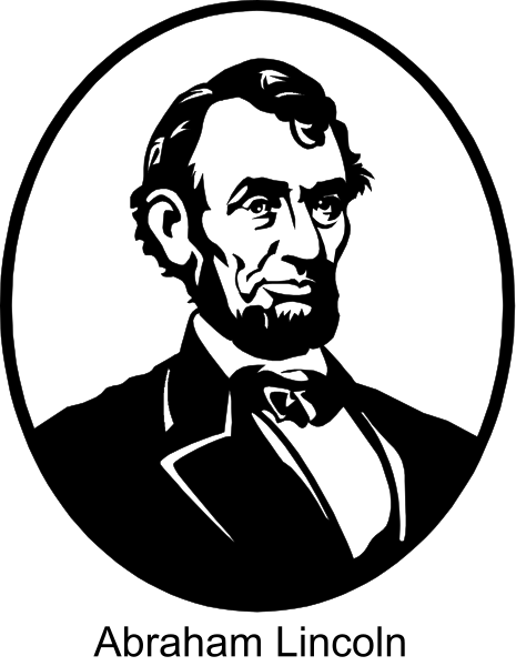 The black and white silhouette of Abraham Lincoln's head on a circular background with his signature beard and suit attire.