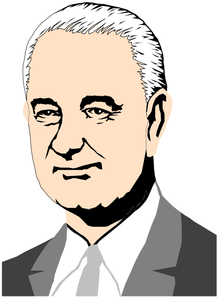 The black and white illustration shows a man with gray hair wearing glasses, dressed formally in a suit jacket over a shirt without tie, standing against a dark background; he is smiling slightly at an unseen audience while looking directly ahead of him.