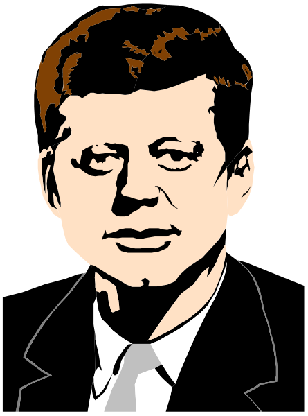 The image shows a black and white illustration of John F Kennedy with his signature hairstyle and facial features.