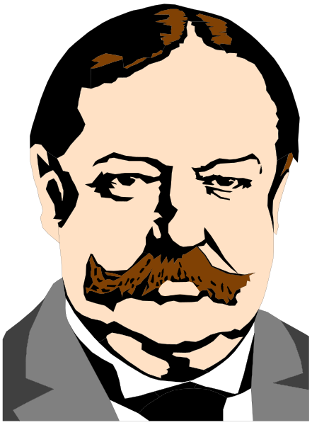 The image shows a black and white illustration of an older man with mustache wearing formal attire; he is depicted in profile view against dark background.