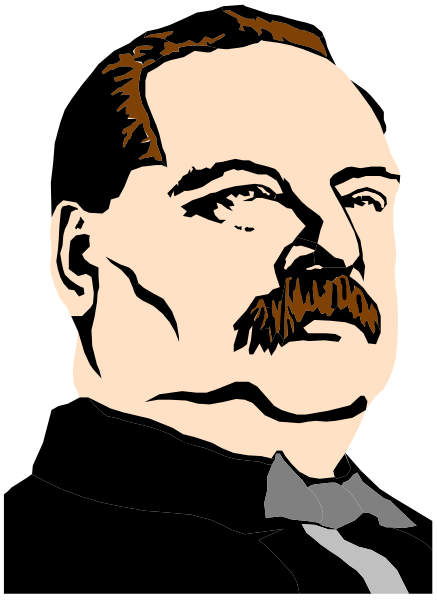 The black and white illustration features a man with facial hair wearing glasses, dressed formally with a suit jacket over his shoulder, standing in front of what appears to be an American flag background; he is looking directly at the viewer.