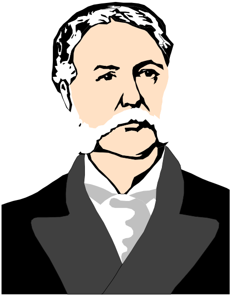 The black and white illustration features a man with facial hair wearing formal attire; he is depicted against a dark background that contrasts his lighter clothing.
