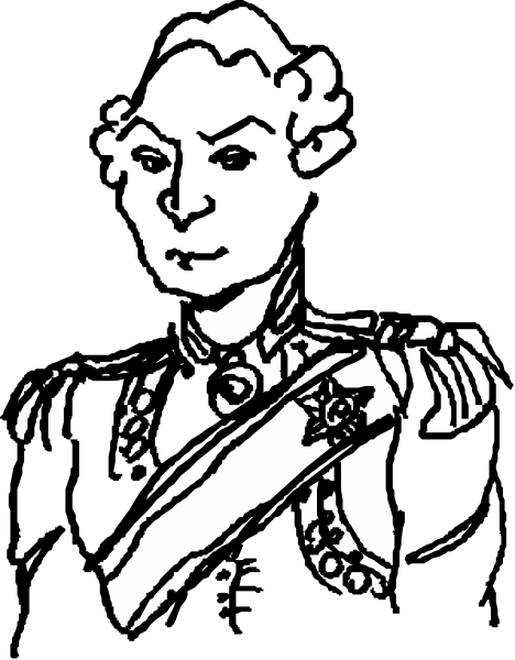 The black and white photo features a person wearing military attire with medals on their chest standing next to an emblem that resembles a crown.