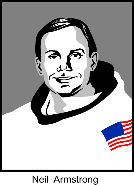The image shows a black and white illustration of an astronaut with American flag patch on his suit standing next to a space shuttle in front of Earth.
