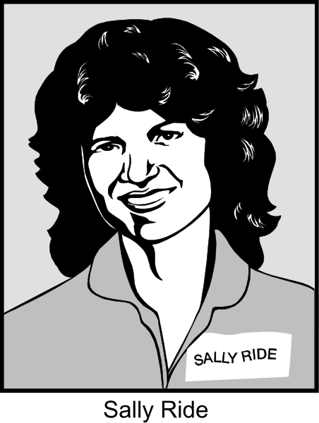 The black and white illustration shows a person with long hair wearing glasses, smiling at something off camera. They have facial stubble and appear to be in their mid-adult years.