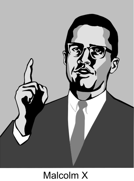 The image shows a black and white illustration of Malcolm X with his hand raised to make an index finger gesture while pointing towards it.