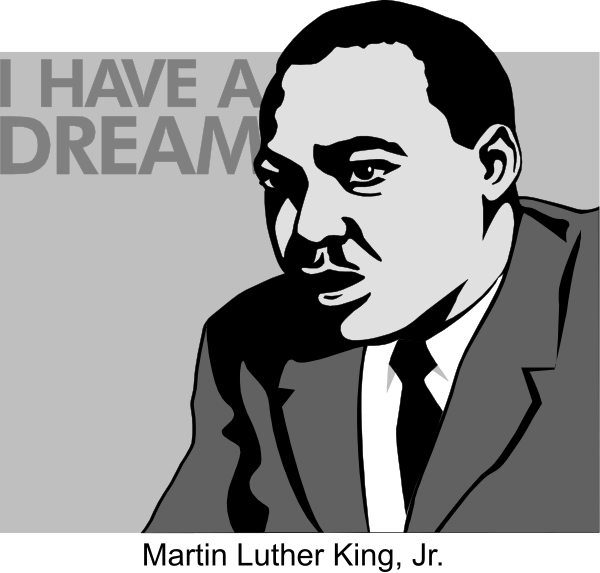 The image features a black and white illustration of Martin Luther King Jr., depicted as looking to his right with an expression that suggests contemplative thought. He is wearing a suit jacket over what appears to be a shirt, tie, and vest. Above him in bold text reads "I HAVE A DREAM," which are the famous words from one of Dr. King's most well-known speeches. The background behind Martin Luther King Jr.'s headshot has a gradient that transitions between black at the top to white towards the bottom.