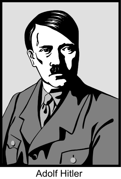 The black and white illustration features a man with mustache wearing military uniform sitting at desk holding papers.