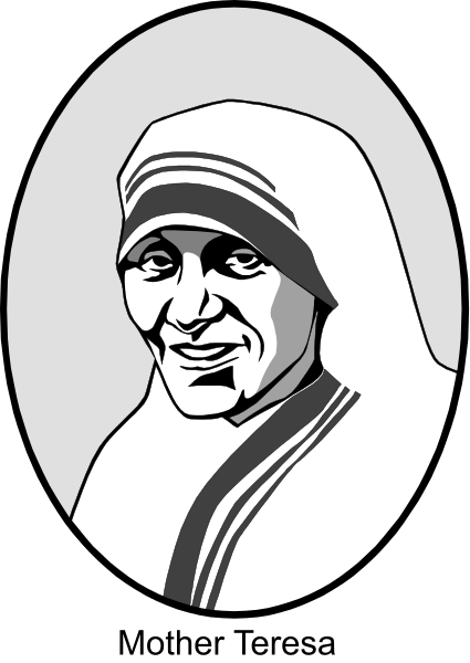 The black and white illustration features a nun with glasses smiling at an oval portrait of Mother Teresa on her chest.