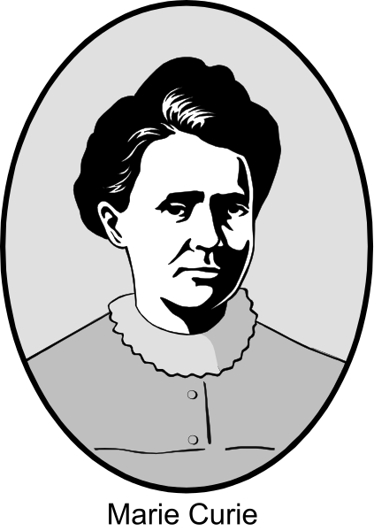 The black and white illustration shows a woman with dark hair wearing a light blouse; she is depicted from her chest up against an oval background that has stripes of varying shades of gray.