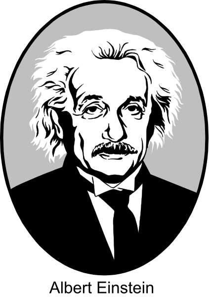 The black and white illustration features Albert Einstein's face on a coin with his signature hairdo of unkempt curls atop his head.