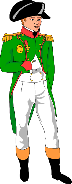 The image shows a cartoon of an officer dressed as Napoleon Bonaparte standing next to his horse against a black background with white stripes on either side.