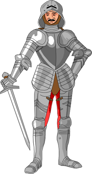 The illustration depicts a knight standing against a black background with his sword held upright to his right side.