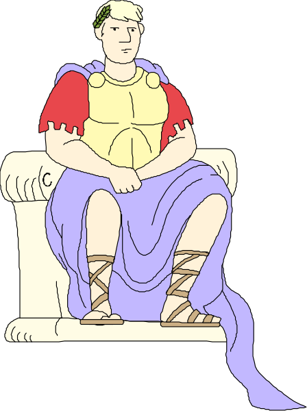 The illustration depicts a seated figure with muscular build wearing Roman attire sitting on an ancient bench-like structure; no other significant details can be discerned due to its small size.