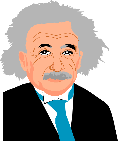 The image features a caricature of Albert Einstein with white hair, wearing his signature suit and tie, set against a black background.