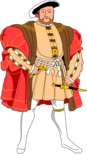 The illustration depicts a man dressed as King Henry VIII of England with red robes, white fur trim on his shoulders, gold chain around neck, holding two swords crossed in front of him while standing against a plain background.