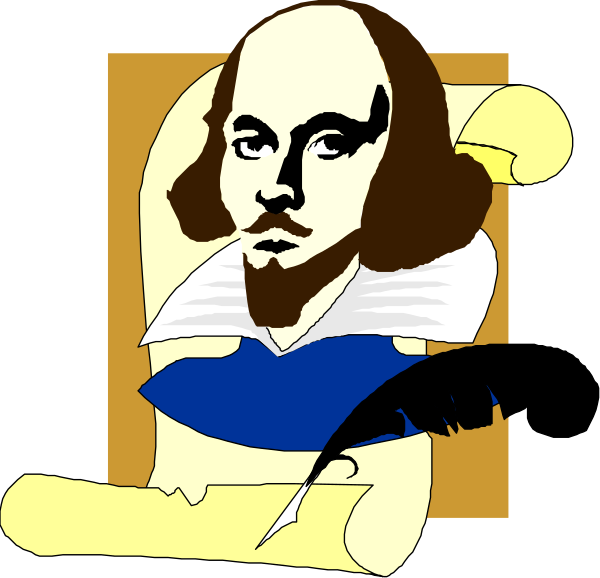 The illustration features a caricature of William Shakespeare with his signature quill pen resting on an open book beside him in front of a portrait frame that resembles classical artwork from the Renaissance era.