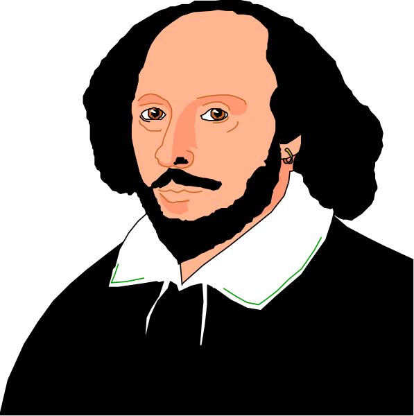 The image shows a black and white illustration of William Shakespeare's face with his signature haircut and beard, wearing an Elizabethan collar shirt typical for that era.