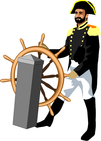 The image shows a cartoon of an animated character dressed as Napoleon Bonaparte standing next to a ship's wheel with his hand on it; he is wearing military attire including a hat, jacket, pants, and boots.