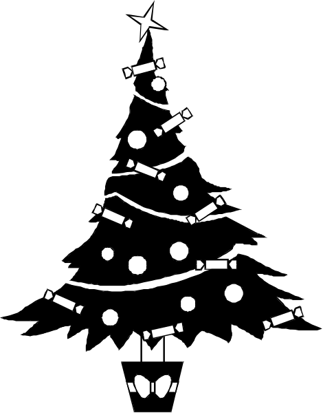 The black and white silhouette of a Christmas tree with various decorations around it against a dark background.