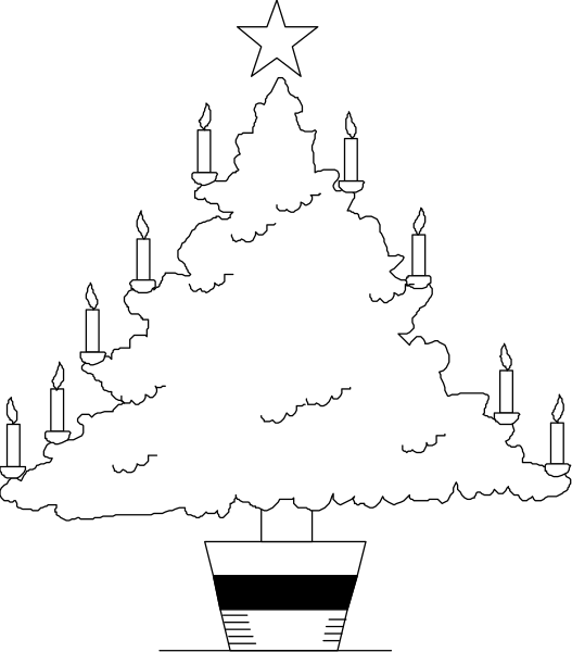 The black and white illustration shows a Christmas tree with candles on it inside an urn, set against a starry sky background. There is no text present in this image. It's simple yet festive clip-art design that captures the essence of holiday cheer without any additional elements or actions depicted within its frame. The focus remains solely on the Christmas tree and the nighttime setting it evokes through the use of a starry sky backdrop, which is typical for such celebratory imagery during this time of year.