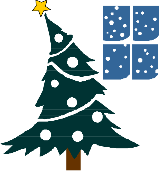 The image shows a cartoon depiction of Christmas with a tree on its side next to an open window that has snowflakes falling from it onto the ground below.