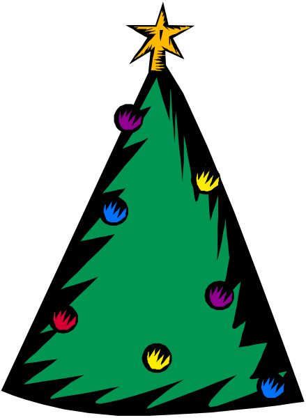 The image shows a stylized Christmas tree with colorful balls at its base against a dark background.