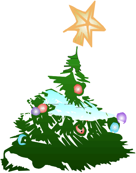 The image shows a Christmas tree with decorations such as lights, stars, snowflakes, and other festive items at its base; it is topped by an illuminated star on top of what appears to be a mountainous landscape under a dark sky.