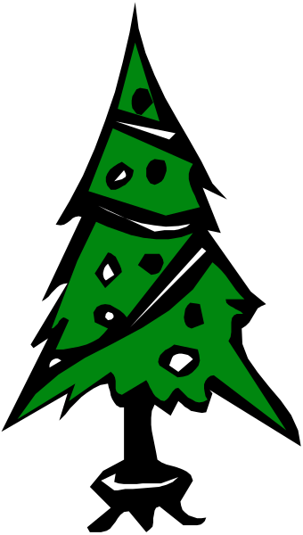 The image shows a black and white photo of an animated Christmas tree with green leaves on top against a dark background.