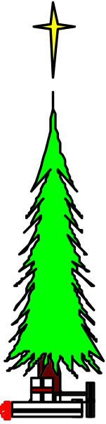 The picture shows a Christmas tree with lights on it against an evening sky background.